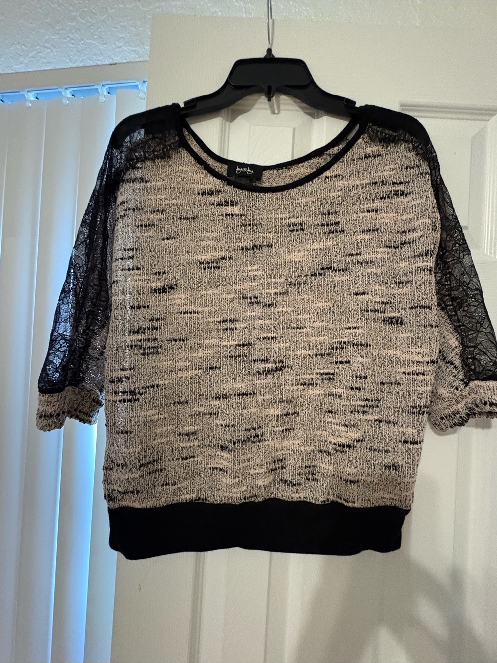 by & by Cream and Black Lace-Sleeve Scoop Neck Sweater